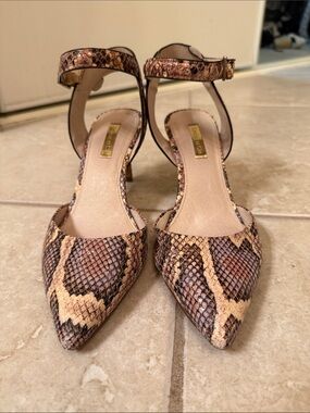 Louise et Cie Snake-Print Pointed Ankle-Strap Heels in Brown and Tan